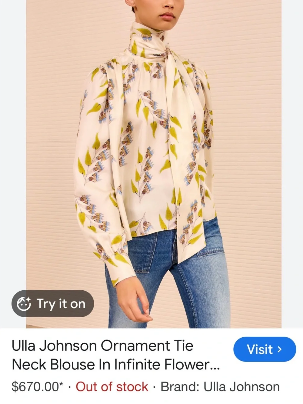 Ulla Johnson Ivory Floral Tie-Neck Blouse with Blue & Lime Motif